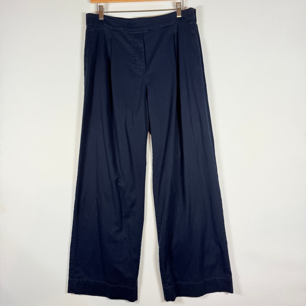 J Jill Wide Leg Trousers Women 10 Navy‎ Blue Pants Pleated Coastal Old Money
